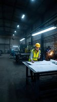 Male engineer in yellow safety helmet and reflective vest reviewing blueprints at table in industrial factory warehouse with welding sparks and machinery for construction, manufacturing, and engineering projects.