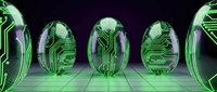 Futuristic digital eggs with glowing green circuit board patterns on dark purple background for technology and innovation concepts.