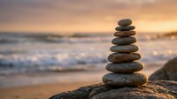 Balanced stone stack on beach at sunset with golden sky and ocean waves creating peaceful zen meditation scene for wellness and mindfulness concepts.