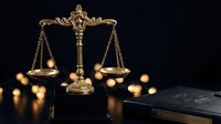 Golden scales of justice with ornate decorative details on dark background with warm bokeh lights, symbolizing law, legal system and judicial balance.