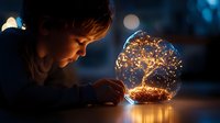 Young Asian boy gazing at illuminated magical snow globe with glowing tree inside, creating dreamy atmosphere in dark room with bokeh lights in background.