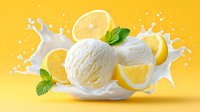 Fresh lemon ice cream scoops with citrus slices, mint leaves and milk splash on yellow background, frozen dessert with dynamic composition.