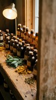 Vintage apothecary bottles with herbs and spices on rustic wooden table under warm lamp light creating cozy natural medicine workspace atmosphere.