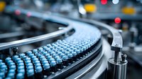 Pharmaceutical manufacturing line with blue capsules moving on automated conveyor belt in modern production facility.