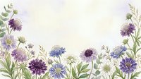 Watercolor wildflowers border with purple and lavender blooms on white background, copy space for text, greeting card or invitation design.