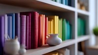 Colorful books arranged by rainbow spectrum colors on wooden shelves with white ceramic vases, creating modern minimalist home library interior design element.