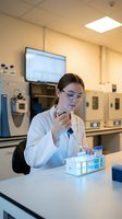 Female scientist in white lab coat conducting research with test tubes in modern laboratory setting for medical and scientific studies.