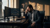 Stressed businessman sitting at desk with financial charts on computer screens, surrounded by floating question marks in modern office environment.