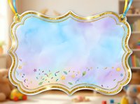 Pastel watercolor blank label with gold frame hanging on ribbon, soft blue purple tones, confetti stars, copy space for text.