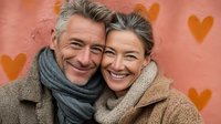 Happy mature couple embracing and smiling against pink wall with heart decorations. Middle-aged man and woman showing love and affection in romantic setting.