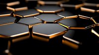 Metallic hexagonal structure with golden edges glowing on dark background, abstract molecular grid pattern showing depth and reflection. Scientific concept.