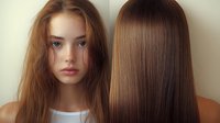 Before and after hair treatment comparison showing transformation from frizzy, unmanaged brown hair to smooth, straight, glossy brunette result. Professional salon styling outcome.