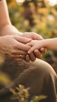 Tender moment of adult and child hands holding together outdoors with warm golden light and autumn bokeh background showing family connection and care.