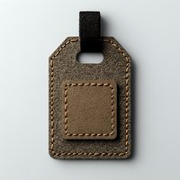Brown leather luggage tag with stitched border and blank label space isolated on white background, ready for design mockup or travel accessory presentation.