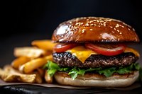 Juicy cheeseburger with melted cheddar, fresh vegetables, and sesame seed bun served with golden french fries on dark background, close up food photography.