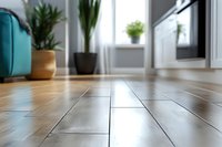 Polished hardwood flooring with natural sunlight reflection, indoor potted plants and modern decor elements in background creating minimalist home interior atmosphere.