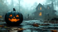 Glowing carved pumpkin on dark misty ground with spooky haunted house in background, orange windows casting eerie light through foggy Halloween night atmosphere.