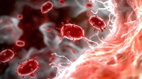 Red virus particles floating in biological environment with electric charges and plasma waves, microscopic view showing pathogenic organisms in medical science.