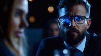 Bearded Caucasian businessman in glasses illuminated by blue light during night meeting. Professional male executive in dark suit with serious expression.