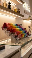 Luxury cosmetics store interior with colorful lipstick display and perfume bottles on illuminated shelves for retail and beauty business concepts.