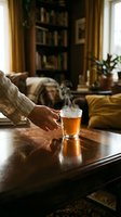 Hand reaching for glass of amber beverage on wooden table in warm, sunlit living room with bookshelves, golden curtains, and cozy furniture. Lifestyle moment.