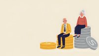 Senior couple sitting on stacks of coins planning retirement savings and financial security for golden years lifestyle.