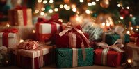 Festive Christmas gifts wrapped in colorful paper with ribbons and bows under tree with glowing lights in background.