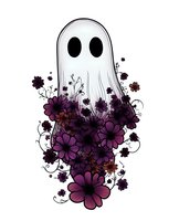 Cute ghost figure surrounded by purple and burgundy flowers with swirling vines, gothic style illustration on white background, ready for Halloween designs.