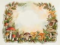 Watercolor mushroom frame with forest plants, berries and fungi border, isolated sticker with blank center space for text or design.