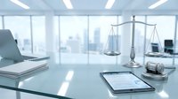 Modern law office with scales of justice on glass desk, tablet and gavel for legal consultation and attorney services in bright corporate workspace.