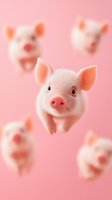 Adorable pink piglets floating on pink background, close-up view of baby pig faces with cute expressions and snouts, soft focus artistic composition.