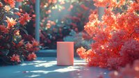 Pink cylindrical object surrounded by vibrant coral-colored flowers and foliage in dreamy garden setting with soft natural lighting and bokeh effect.