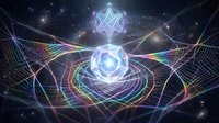 Sacred geometry mandala with glowing neon lines and cosmic space background featuring colorful energy waves and geometric patterns for spiritual design.
