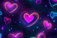 Glowing neon hearts float in cosmic space with stars and sparkles, featuring vibrant pink and blue colors against dark background for romantic designs.