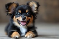 Adorable Chihuahua puppy with black and tan coat lying down with happy expression and tongue out. Cute small dog breed pet portrait for animal lovers.