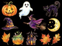 Halloween clipart set with pumpkin, ghost, black cat, witch, cauldron, haunted house, moon, and autumn leaves, isolated on transparent background, ready for stickers and print on demand.