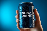 Cold black energy drink can with water drops and condensation held in hand against vibrant blue background, dramatic product photography.