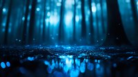 Mystical dark forest at night with glowing blue bokeh lights reflecting in water puddles, creating magical atmosphere in misty woodland landscape.
