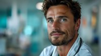 Confident male medical professional with blue eyes and beard wearing white coat smiling at camera. Perfect for healthcare, medical services, or professional workplace advertising.
