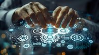 Digital transformation concept showing hands interacting with futuristic interface featuring glowing gears and network connections, perfect for business technology and innovation themes.