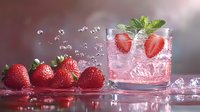 Fresh strawberry cocktail with ice cubes, mint leaves and whole berries on pink background with water drops and splashes, refreshing summer drink.