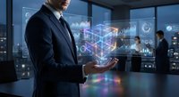 Professional businessman in dark suit presenting holographic data cube with glowing network connections in modern office environment at night.