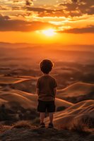 Young boy standing alone watching golden sunset over rolling hills landscape with dramatic orange sky and clouds creating peaceful contemplative moment.