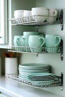 Organized kitchen cabinet with metal wire shelves displaying white and mint green dishes, cups, and plates for modern home storage solutions.