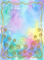 Watercolor gradient background with pastel rainbow colors and gold paw prints, isolated on white with decorative gold frame border, suitable for pet-themed designs and invitations.