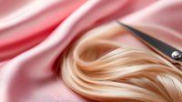 Blonde hair strands with professional scissors on pink silk fabric background, soft focus macro shot for beauty and hairdressing industry concept.