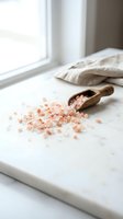 Pink Himalayan salt crystals spilled from wooden scoop on marble surface near window with natural light for cooking and wellness applications.