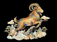 Decorative goat with ornamental horns leaping through stylized clouds on transparent background, ready for t-shirt designs, stickers, clipart, and print-on-demand products.