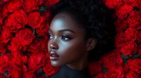 Young African American woman with natural curly hair surrounded by vibrant red roses, dramatic lighting creates ethereal beauty portrait against dark background.