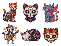 Day of the Dead cats with sugar skull designs, skeleton bones and floral patterns. Isolated colorful cat illustrations for t-shirt prints, stickers, clipart and festive merchandise design.